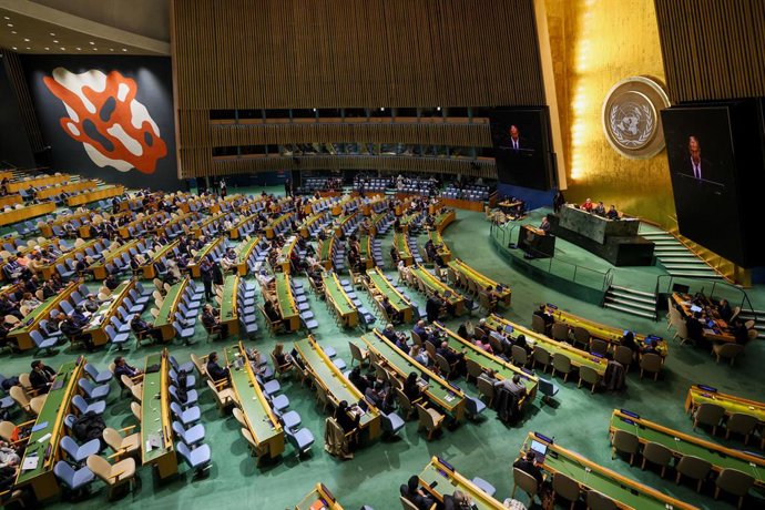 USA, NEW YORK New York City - SEPTEMBER 26, 2026: Russia's Foreign Minister Sergei Lavrov (R on the podium) speaks at a General Debate of the 81st Session of the UN General Assembly, during the 2026 High-Level Week