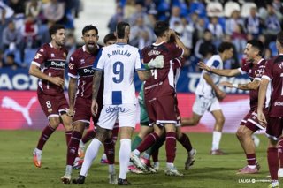 Jugadores del CD Castellón celebran el triunfo sobre el CD Leganés (0-2) en la jornada 7 de LaLiga Hypermotion