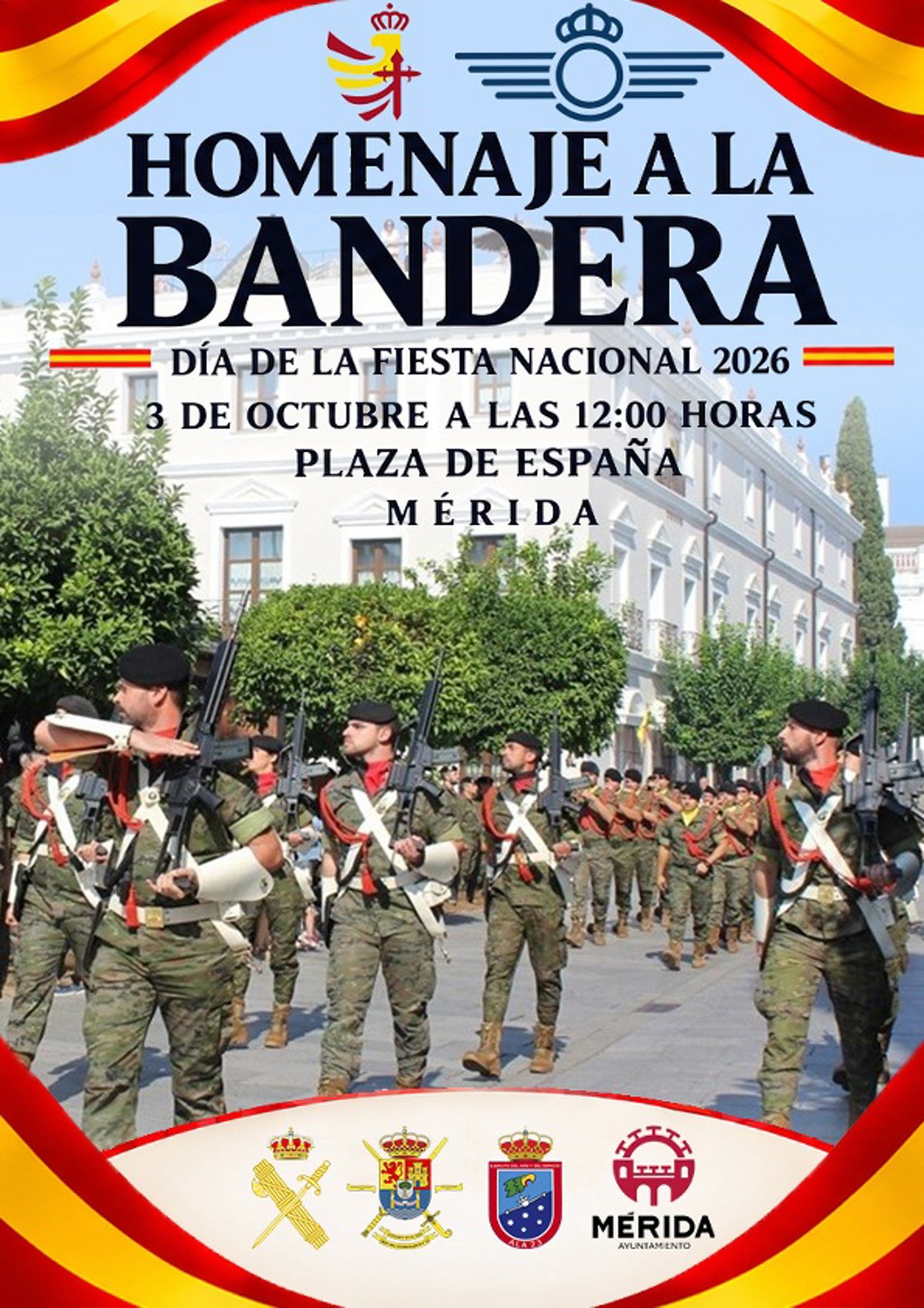El Día de la Fiesta Nacional se celebra en Mérida con música militar, un homenaje a la bandera y desfiles a pie y aéreo