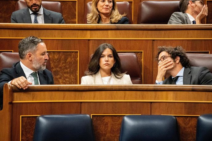 (I-D) El presidente de Vox, Santiago Abascal; la portavoz de Vox en el Congreso, Pepa Millan y el diputado de Vox José María Figaredo 