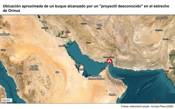 Archivo - Ubicación aproximada de un buque alcanzado por un "proyectil desconocido" en el estrecho de Ormuz