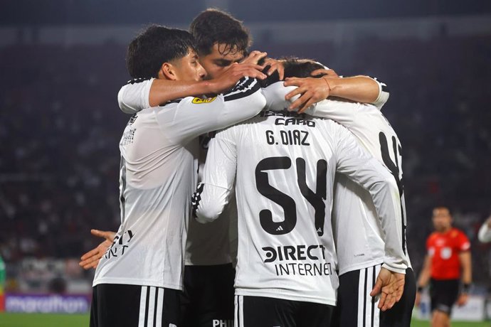 Futbol, Colo Colo vs Audax Italiano. Octavos de Final, Copa Chile 2026. El jugador de Colo Colo Gedeon Diaz, centro, celebra su gol durante el partido de vuelta de la Copa Chile contra Audax Italiano disputado en el estadio Nacional de Santiago,