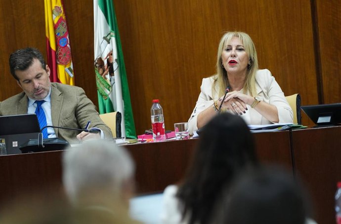 La consejera de Economía, Hacienda y Fondos Europeos, Carolina España (d), durante su comparecencia en la Comisión de Economía, Hacienda y Fondos Europeos del Parlamento de Andalucía (Foto de archivo).