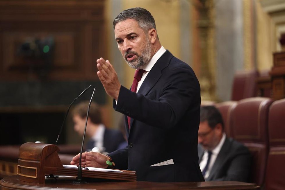 El presidente de Vox, Santiago Abascal, interviene durante una sesión plenaria en el Congreso de los Diputados.