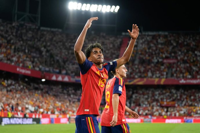 Lamine Yamal of Spain celebrates a goal scored by Marc Pubill of Spain during the UEFA Nations League 2026/27 group phase match between Spain and Croatia at Ramon Sanchez-Pizjuan stadium on September 29, 2026, in Sevilla, Spain.