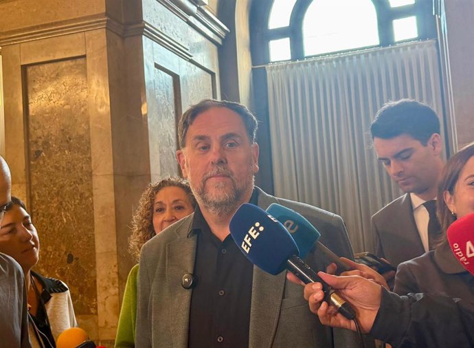 El líder de ERC, Oriol Junqueras, en declaraciones en el Parlament.