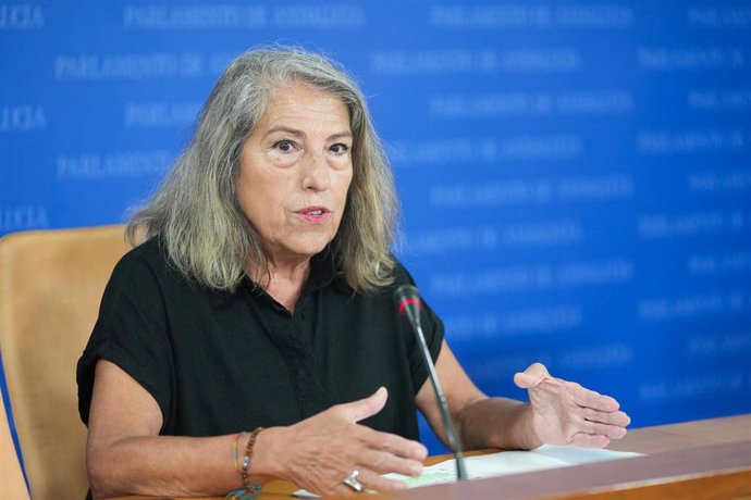 La portavoz adjunta de Adelante Andalucía, Mari García, durante la rueda de prensa previa al Pleno del Parlamento andaluz.