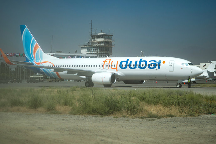 FILED - 14 June 2012, Afghanistan, Kabul: An airplane of the budget airline Flydubai, is pictured at the Hamid Karzai International Airport. Photo: Michael Kappeler/dpa