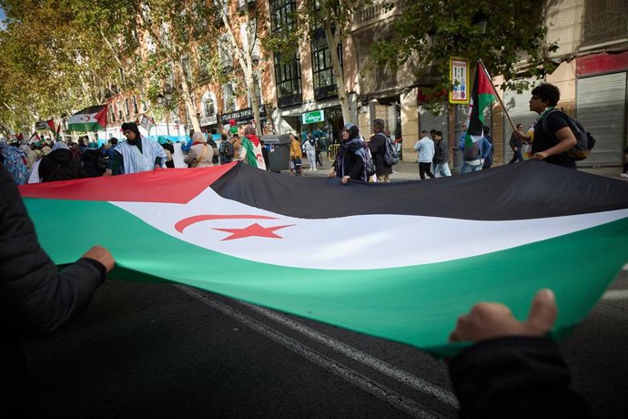 Archivo - Varias personas sujetan una bandera durante una manifestación en apoyo al Sahara Occidental, desde Atocha a la plaza de Jacinto Benavente, a 11 de noviembre de 2023, en Madrid (España). 
