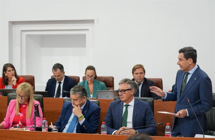 El presidente de la Junta de Andalucía, Juanma Moreno, durante la sesión de control al Gobierno en el Parlamento andaluz.