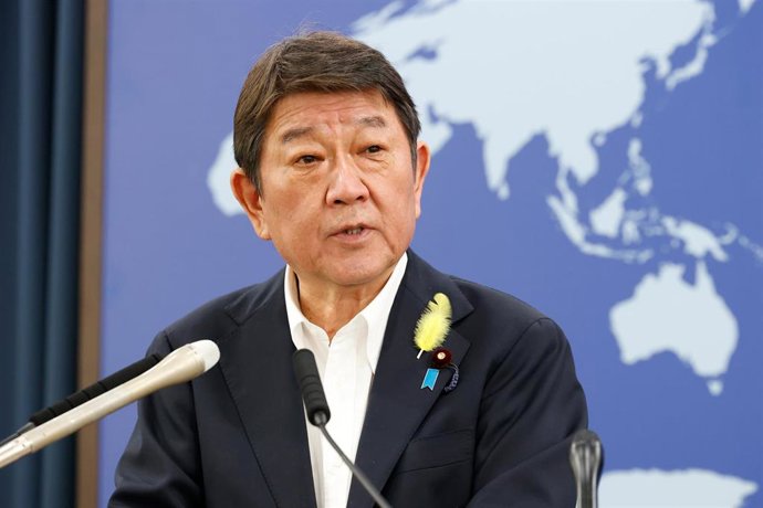 Archivo - El ministro de Exteriores japonés,Toshimitsu Motegi, durante una rueda de prensa en Tokio.