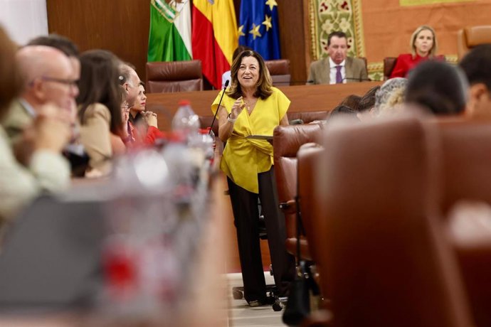 La consejera de Educación de la Junta, María del Carmen Castillo, durante su comparecencia en el Pleno del Parlamento andaluz.