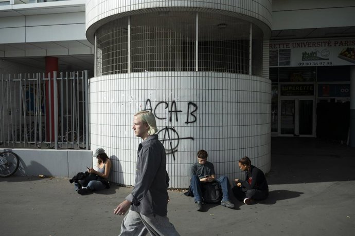 October 1, 2026, Paris - St. Denis, France: Students sit on from of Paris 8 University during a student mobilization in Saint-Denis, north of Paris, on October 1, 2026. University campuses have joined high school students in a nationwide movement involvin