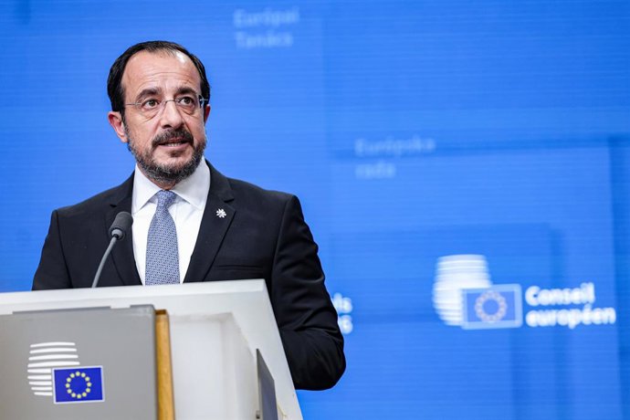 Archivo - June 19, 2026, Brussels, Belgium, European Union: NIKOS CHRISTODOULIDES, President of Cyprus and President-in-Office of the Council of the European Union from January to June 2026, speaks during a press conference following the final day of the 