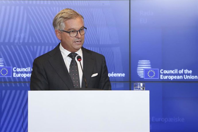 El comisario de Interior, Magnus Brunner, en rueda de prensa al término de un consejo de ministros de Interior de la UE en Luxemburgo.
