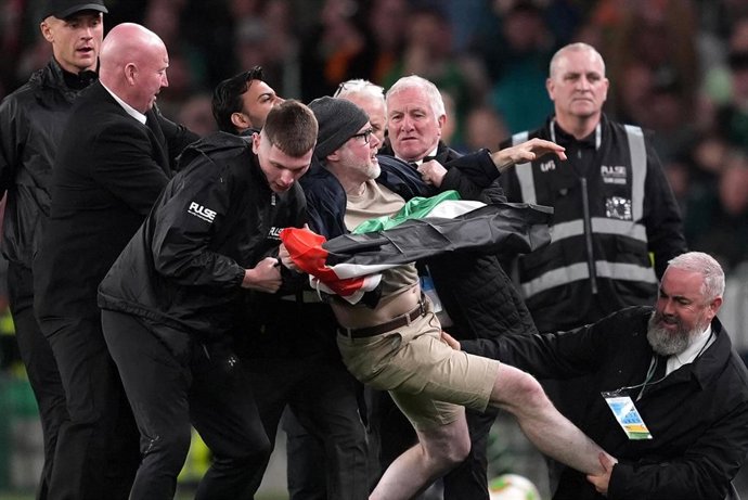 Aficionado con la bandera de Palestina en el partido entre Irlanda y Austria en Dublín