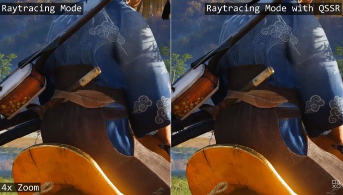 Comparação do jogo Ghost of Yotei com a tecnologia QSSR ativada.