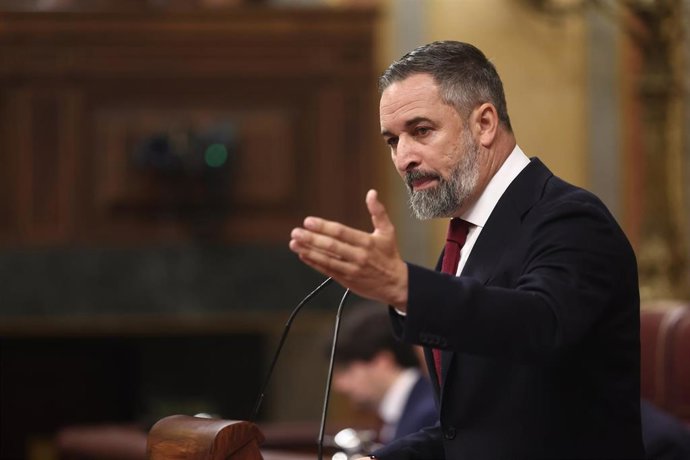 Archivo - El presidente de Vox, Santiago Abascal, interviene durante una sesión plenaria en el Congreso.
