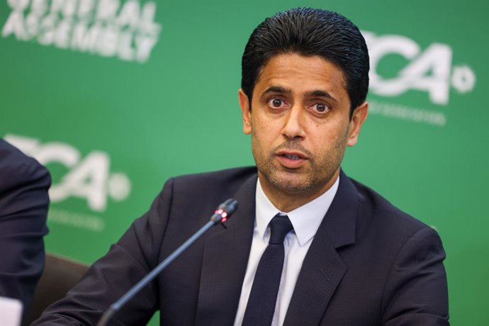 Archivo - FILED - 07 September 2023, Berlin: President of Paris Saint-Germain Nasser Al-Khelaifi speaks at a press conference after the General Assembly meeting of the European Club Association (ECA). Photo: Gerald Matzka/dpa