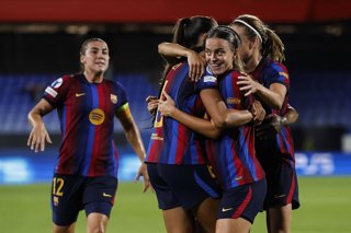 Clara Serrajordi of FC Barcelona celebrates a goal with teammates during the UEFA Women’s Champions League 2026/27 League Phase MD1, football match played between FC Barcelona and Paris FC at Johan Cruyff Stadium on September 23, 2026 in Sant Joan Despi, 