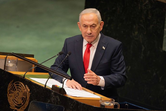 September 24, 2026, New York City, USA: Israeli Prime Minister Benjamin Netanyahu delivers remarks to the General Assembly during the 81st session of the United Nations General Assembly, with delegates seated in the chamber at the UN Headquarters in New Y