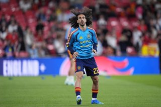 Marc Cucurella of Spain warms up during the UEFA Nations League 2026/27 League Phase MD1 Group A3 match between England and Spain at Wembley Stadium on September 26, 2026, in London, England.