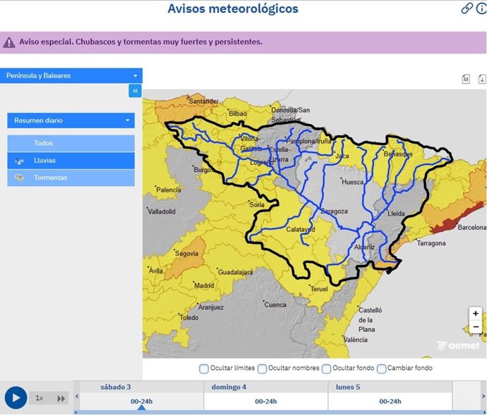 La CHE avisa de crecidas en barrancos tras el aviso amarillo y naranja de la AEMET en buena parte de la cuenca del Ebro