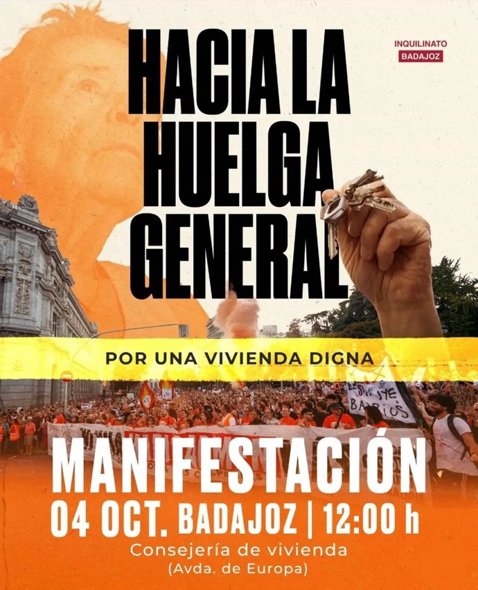 Manifestación convocada para el 4 de octubre de 2026 por Inquilinato Badajoz para reclamar viviendas dignas.
