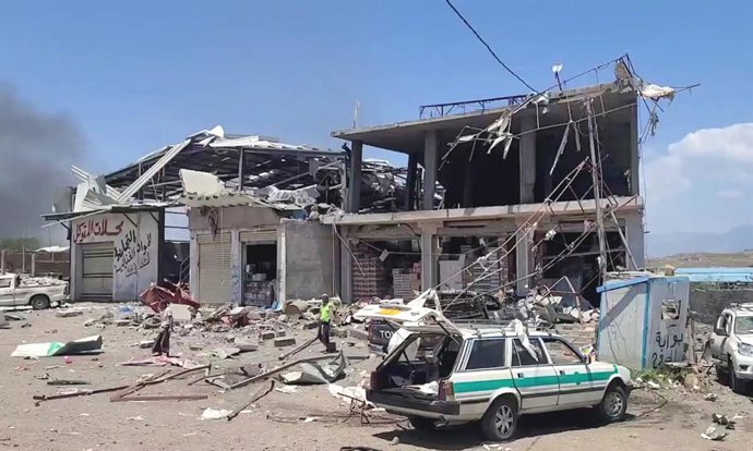 TAIZ, Sept. 27, 2026  -- This handout screenshot provided by the Houthi Media Center on Sept. 27, 2026 shows the destruction after an alleged Saudi airstrike targeted a market in Taiz. At least seven people were killed and 40 others wounded in airstrikes 