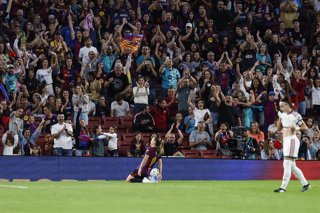 Claudia Pina of FC Barcelona celebrates after scoring her team's second goal during the Spanish Women league, Liga F, football match played between FC Barcelona and Real Madrid CF at Spotify Camp Nou Stadium on October 04, 2026 in Barcelona, Spain.