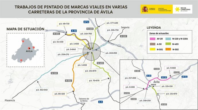 Transportes licita por 1,4 millones el pintado de marcas viales en carreteras de Ávila.