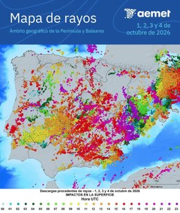 Mapa de rayos del 1 al 4 de octubre de 2026.
