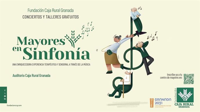 Cartel del ciclo 'Mayores en sinfonía' de la Fundación Caja Rural Granada, en el que la entidad programa conciertos líricos y talleres musicales dirigidos a usuarios de residencias y centros de día