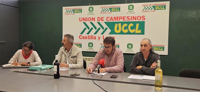 El coordinador de UCCL, Jesús Manuel González Palacín, durante una rueda de prensa acompañado por el representante de Viñedo Regional de la organización, Alfonso Domingo, y el responsable del vino de Rueda, Ramón Prieto de Frías