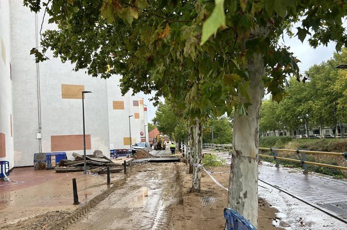 Zona afectada por el reventón de dos tuberías en el Paseo del Cauce de Valladolid.