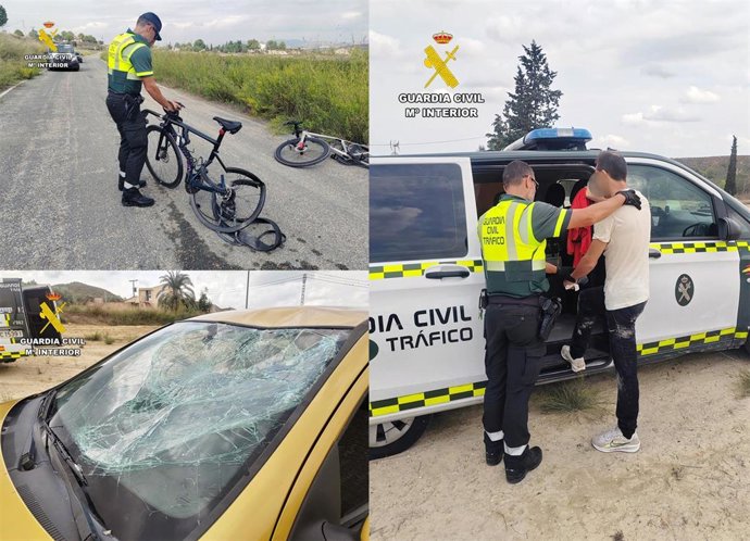 Imágenes del estado de una de las bicicletas tras el suceso y de la luna del vehículo conducido por el detenido y este último tras su arresto