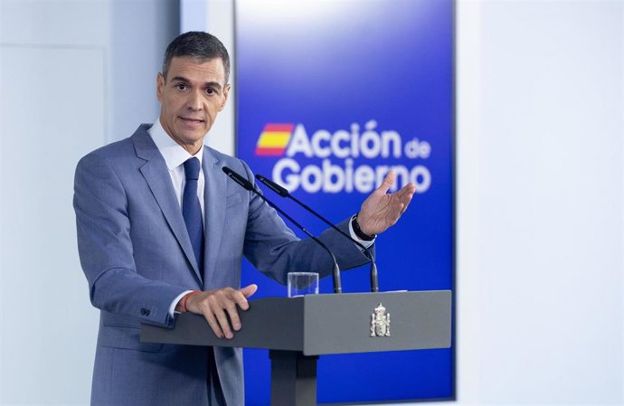 El presidente del Gobierno, Pedro Sánchez, durante una rueda de prensa posterior al Consejo de Ministros, en el Palacio de la Moncloa