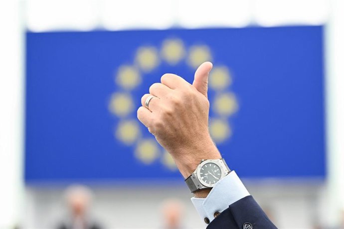 Un responsable de un grupo político indica el sentido del voto a sus compañeros durante una votación en el pleno del Parlamento Europeo en Estrasburgo (Francia)
