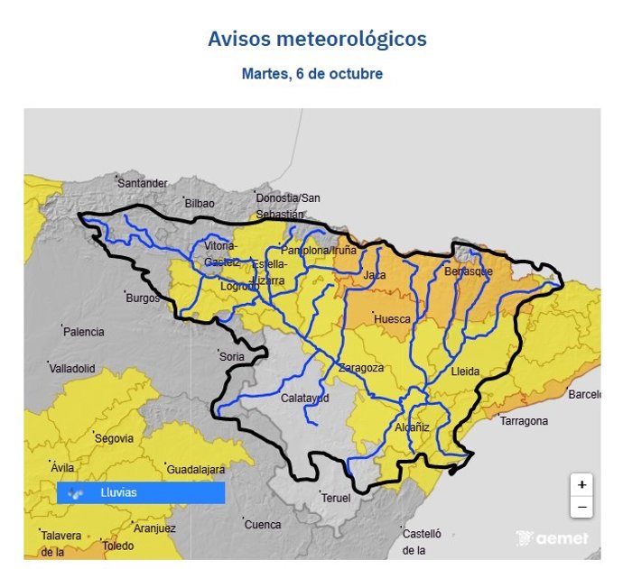 Mapa de avisos meteorológicos de este martes, 6 de octubre.
