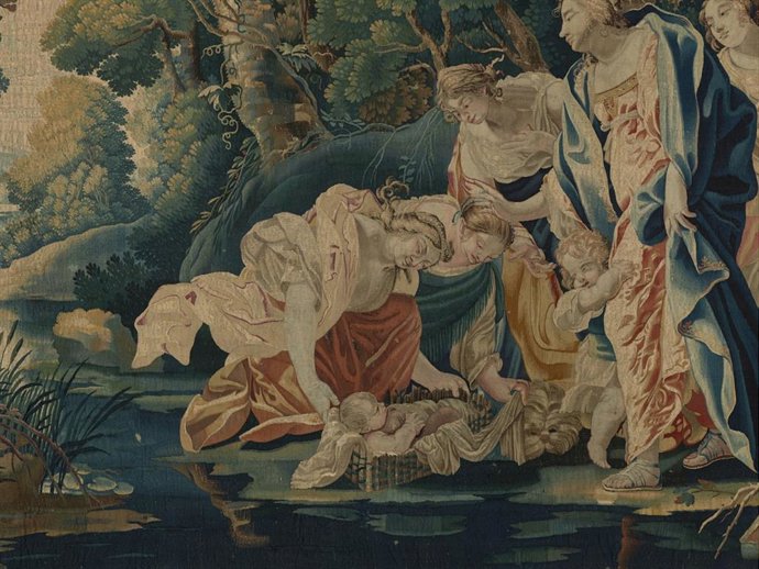 Archivo - Moisés salvado de las aguas (detalle), de la serie “El Antiguo Testamento” (2024). (h. 1643-1660). Manufactura posiblemente del taller del Louvre, Paris, según diseño de Simon Vouet (1590-1649). Colección Masaveu.