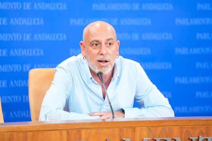 El portavoz adjunto de Por Andalucía, Ernesto Alba, en una rueda de prensa en el Parlamento.
