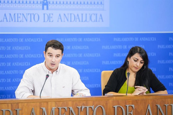 La portavoz adjunta del Grupo Parlamentario Adelante Andalucía, Inmaculada Manzano (d) y el portavoz de Sanidad del Grupo Parlamentario Adelante Andalucia, Javier Montes, (i) durante la ronda de ruedas de prensa de portavoces de los grupos parlamentarios 
