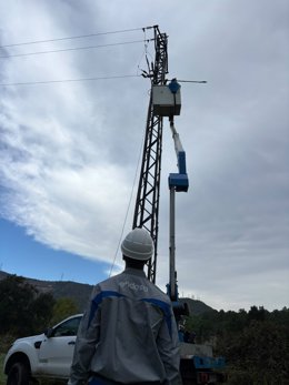 Un trabajador de Endesa en la reparación de una torre eléctrica