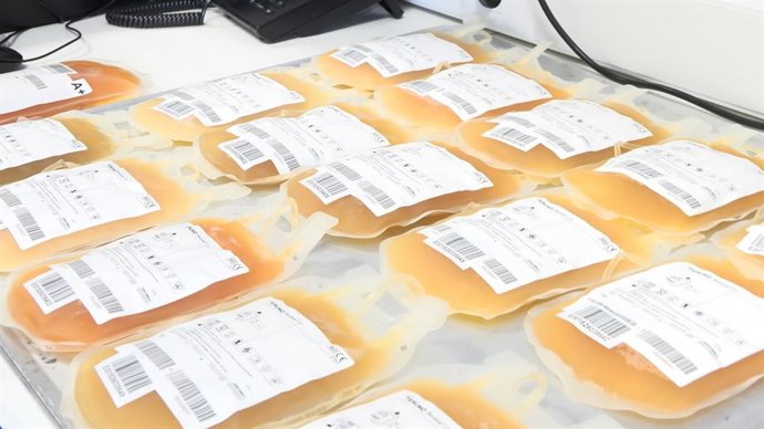 Sacos de plasma no Banco de Sangue e Tecidos de Zaragoza