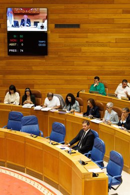 El conselleiro de Cultura, Lingua e Xuventude, José López Campos, durante la votación del Plan Xeral de Normalización