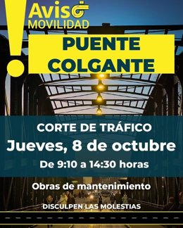 Información del Ayuntamiento de Valladolid sobre el corte de tráfico este jueves en el puente Colgante.