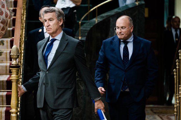Archivo - Arquivo - O presidente do Partido Popular, Alberto Nuñez Feijóo (à esquerda), e o secretário-geral do PP, Miguel Tellado (à direita), durante uma sessão plenária extraordinária no Congresso dos Deputados, em 14 de julho de 2026, em Madri (Espanh