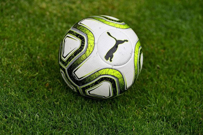 Archivo - FILED - 28 June 2019, Saxony-Anhalt, Halle (Saale): A football of the outfitter Puma lies on the grass in the stadium of the Halleschen FC. Photo: Hendrik Schmidt/dpa-Zentralbild/ZB