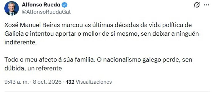 Mensaje publicado por el presidente de la Xunta, Alfonso Rueda, tras el fallecimiento del histórico nacionalista Xosé Manuel Beiras