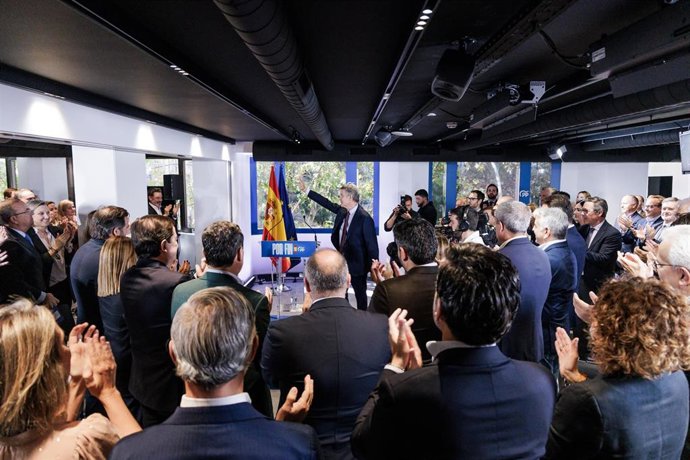 El presidente del Partido Popular, Alberto Núñez Feijóo, preside la reunión de la Junta Directiva Nacional del partido, a 8 de octubre de 2026, en Madrid (España).